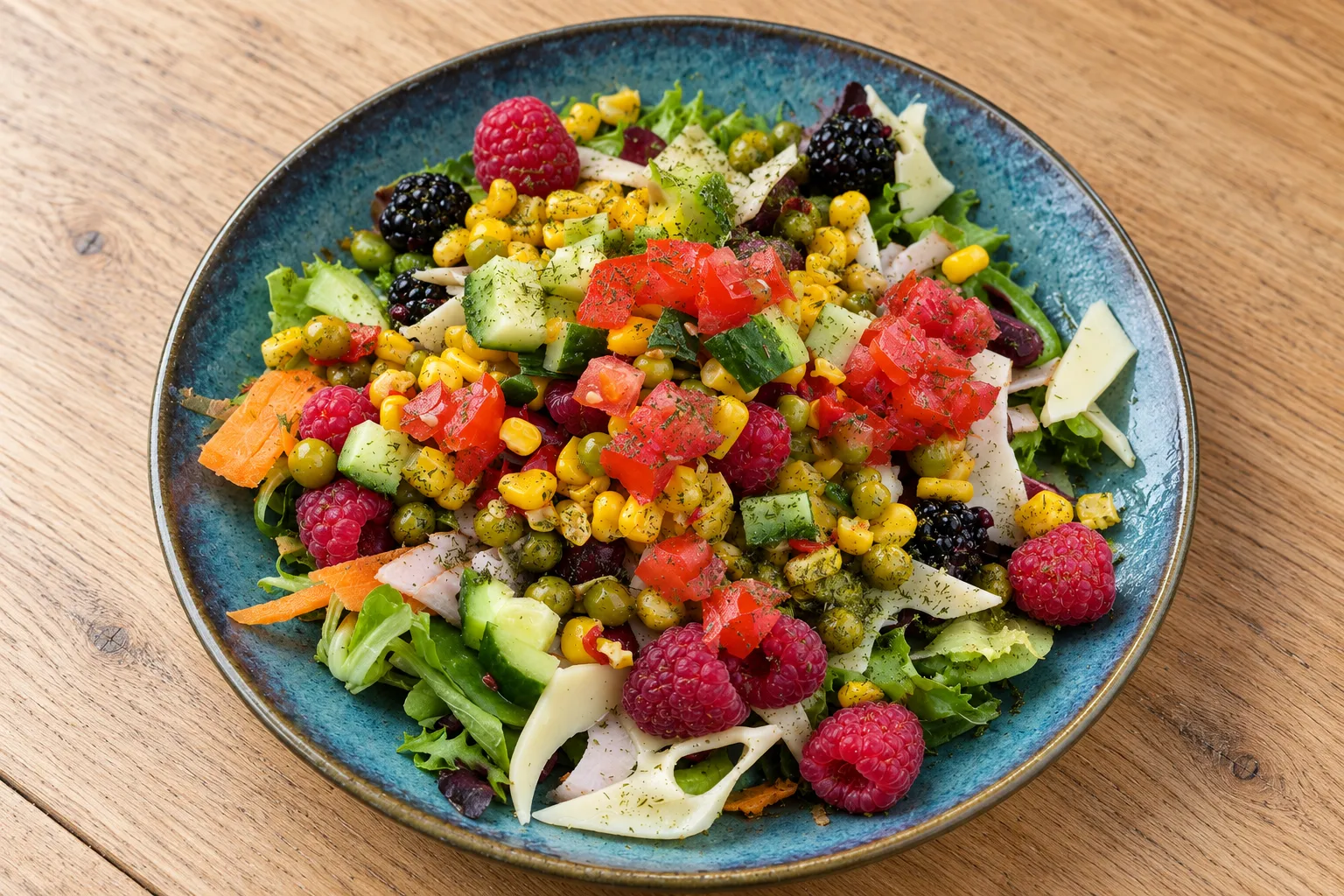 Bunter Sommersalat mit Beeren und Putenbrust